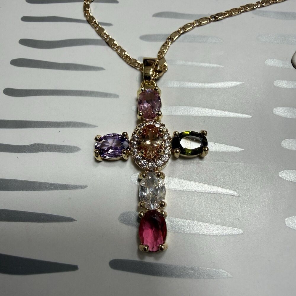 Gold Tone Metal Colorful Glass Crystals 18" CROSS Charm Necklace by Gemelli New